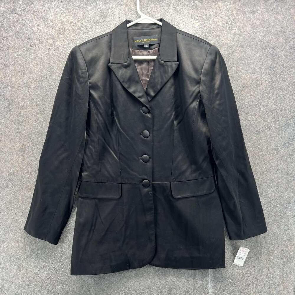 Kelly Graham Blazer Womens 10 Black Leather Four Button Lined Tailored Jacket